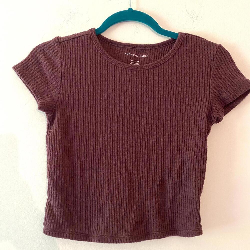 AMERICAN EAGLE burgundy short sleeve waffle knit crop top
